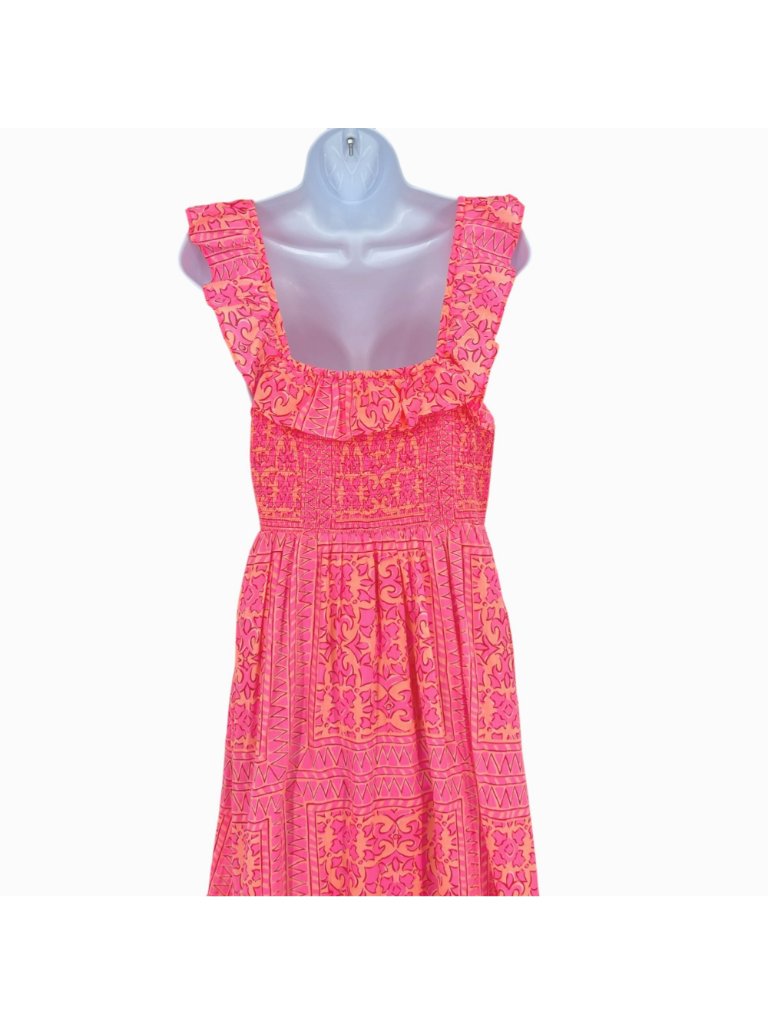 Vineyard Vines Neon Tortola Smocked Midi Dress Vibrant Pink Orange Size Medium — image 6 of 8